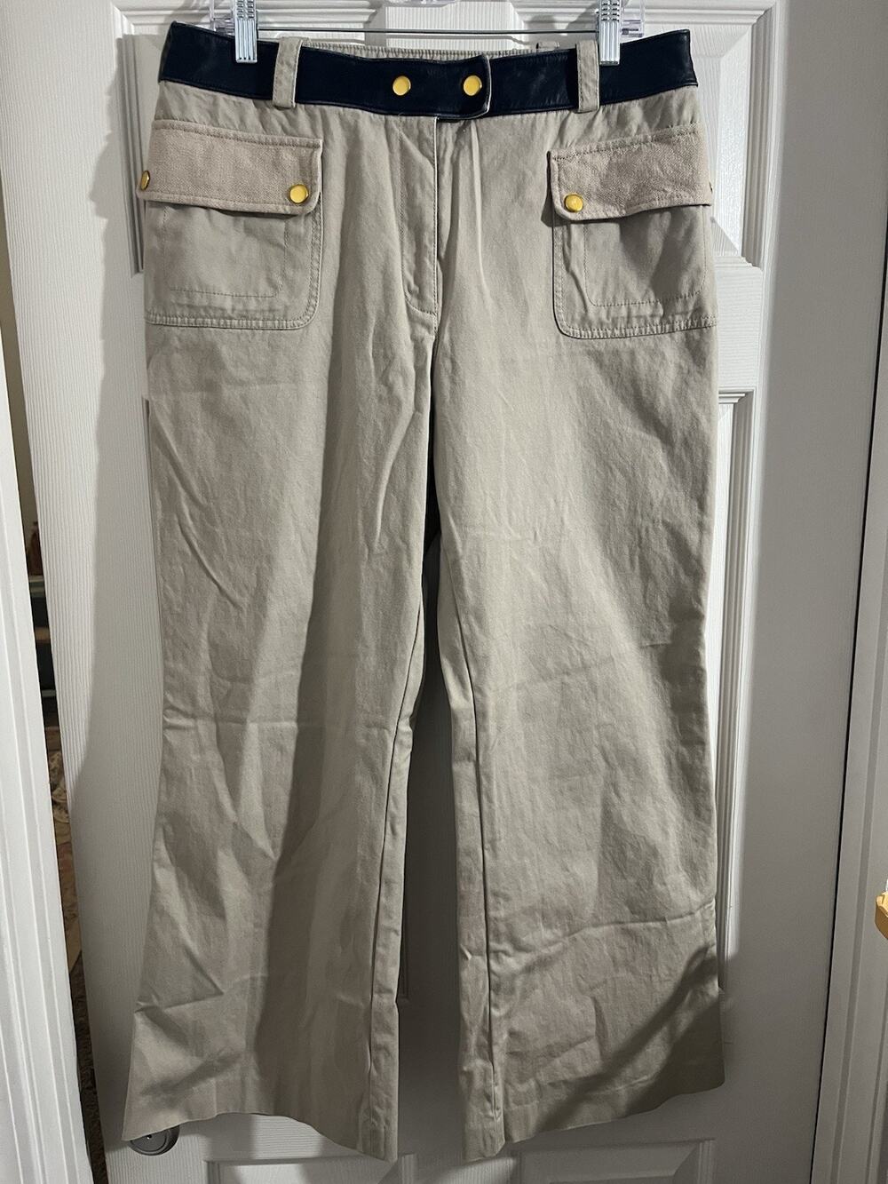 Tory Burch Joss Safari Khaki Pants Blue Cow Leather Sz 10